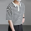 Timeless High-End Multi-Stripe Collar-Knit Button Down T-Shirt