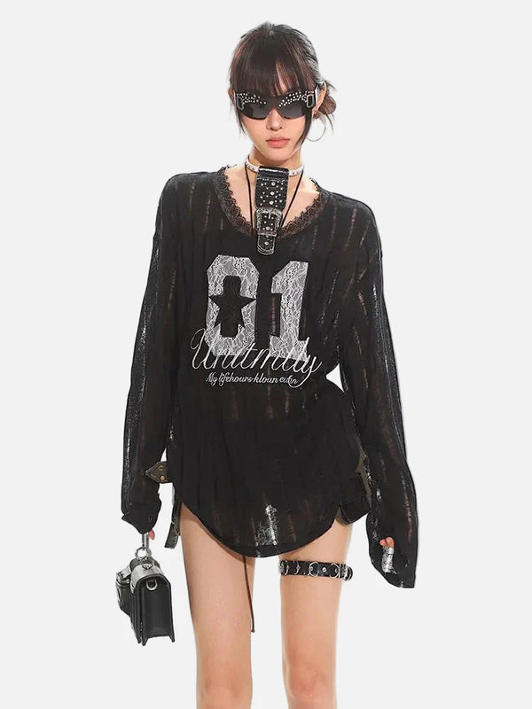 V-Neck Sexy Lace Out Hollow Long Sleeve T-Shirt
