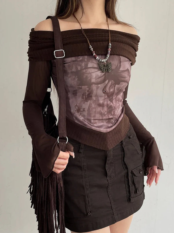 Retro-Faded Floral Spliced Slash Neck T-Shirt