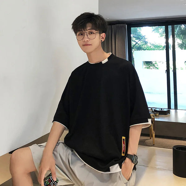 Heat-Wave Oversized Fake Two Piece Cotton T-Shirt alternatif görünüm