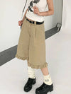 Sleek Khaki Ruffled High-Rise Denim Shorts