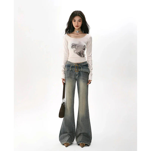 Women's Wide Neck Flutter-Print T-Shirt alternatif görünüm