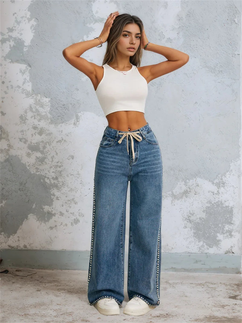 Graphic Fleece Beaded Bell Leg Denim