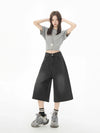 Women Casual Sleek Black Wide Leg Denim Shorts