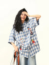 Blue Plaid Toon Stitch Embroidered Top