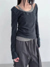 Bar-Print Long Sleeve U-Neck T-Shirt