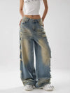 Vintage Yıkanmış Yırtık Detaylı Wide Leg Jean Pantolon, yakın çekim — Navra Wear