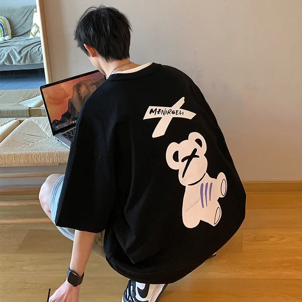 Grizzly Print Big-Silhouette Seoul-Style T-Shirt alternatif görünüm