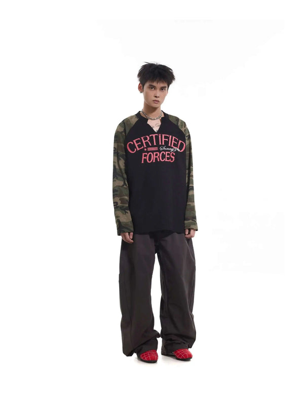 Faded Era Terrain-Print Henley Collar Long T-Shirt