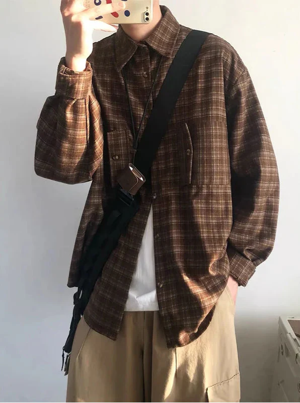 Warm Wrap Plaid Fall Oversized Shirt alternatif görünüm