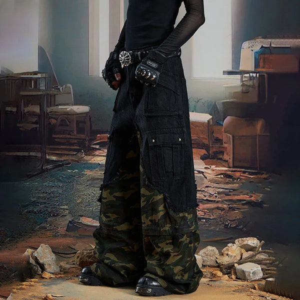 Metro Woodland Spliced Wide Leg Street Jeans alternatif görünüm