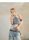 Vintage Yırtık Detaylı Wide Leg Jean Şort, yakın çekim — Navra Wear