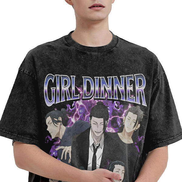 Cel-Shaded Girl Dinner Print Faded-Wash T-Shirt alternatif görünüm