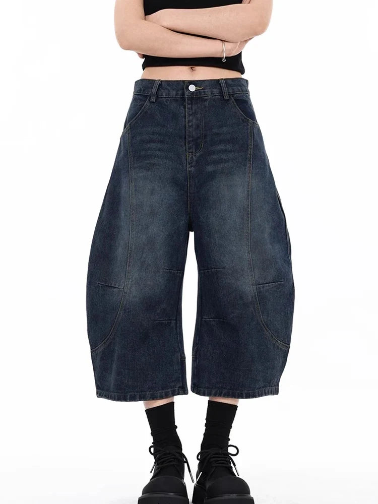 Heritage Wash Wide Leg Barrel Denim Shorts