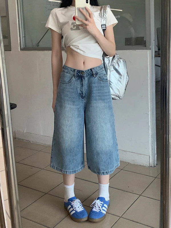 Versatile Blue Faded Relaxed Denim Shorts