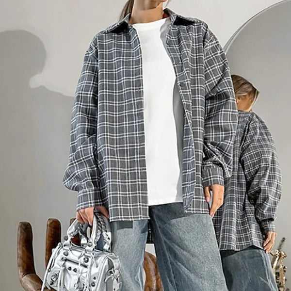 Ash Plaid Elegant Vintage Long Sleeve Top alternatif görünüm