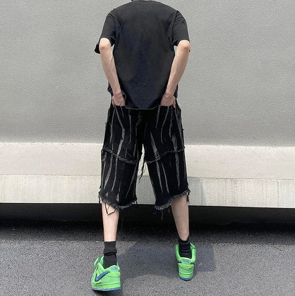 Mens Dark Torn Black Denim Shorts alternatif görünüm