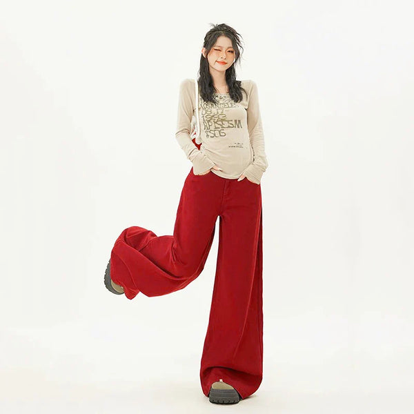 Modern Cute Oversized Red Relaxed Bell Leg Denim alternatif görünüm