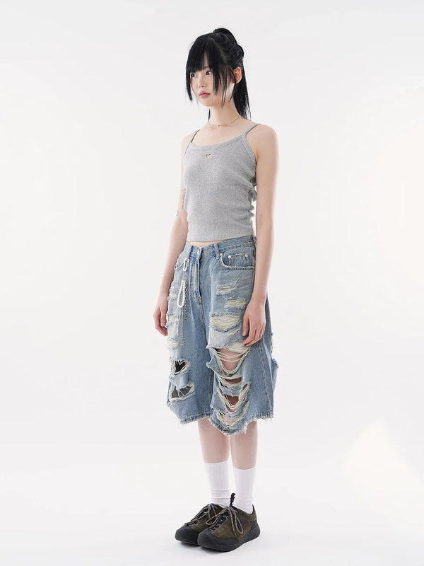 Plush Stylish Torn Holes Denim Shorts alternatif görünüm