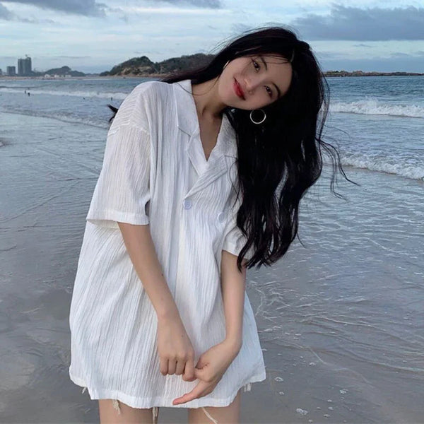 White K-Style Relaxed Button Blouse alternatif görünüm