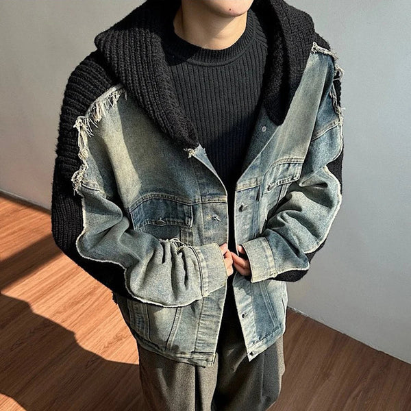Trendy Knit Hooded Raw Edge Denim Jacket alternatif görünüm