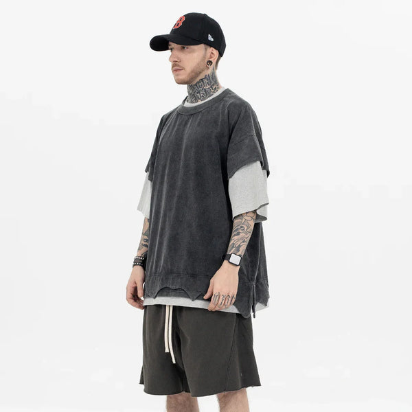 Retro-Faded Fragment Ripped Sleeve T-Shirt