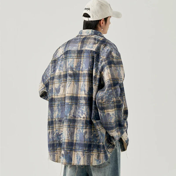 Mens Tie-Dye Vintage Plaid Autumn Top alternatif görünüm