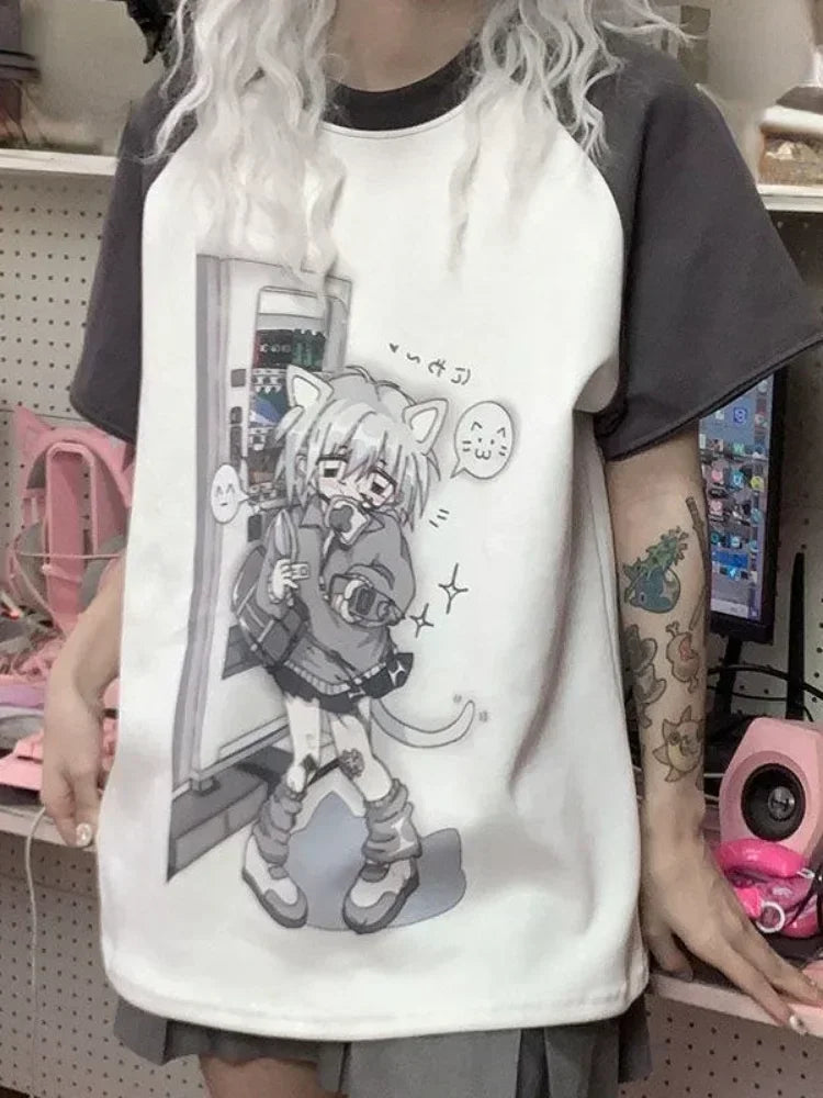 Detachable Sleeve Kawaii Feline Print T-Shirt