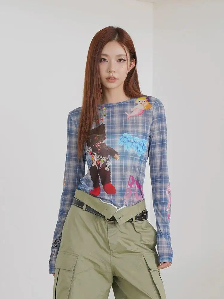 Blue Plaid Visual Long Sleeve T-Shirt