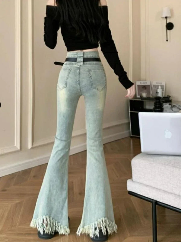 Women High-Rise Tassel Denim Bell Denim alternatif görünüm
