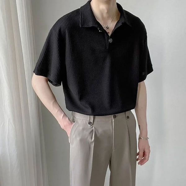 Enduring Clean-Tone Color Han River Style Button Placket-Neck T-Shirt alternatif görünüm