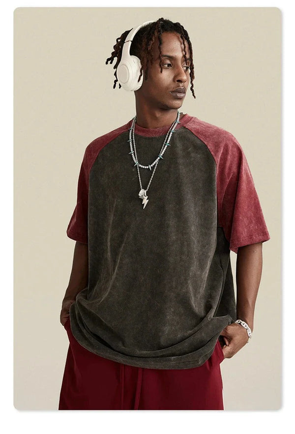 Washed-Out Acid-Rinsed Splicing Color T-Shirt
