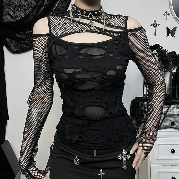 Noir Shadow-Print Frayed Fishnet Mosaic T-Shirt alternatif görünüm