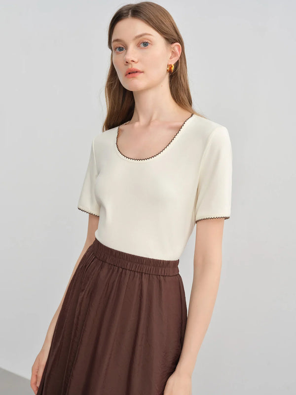 Hand-Stitched Lace Contrast Color Short T-Shirt alternatif görünüm
