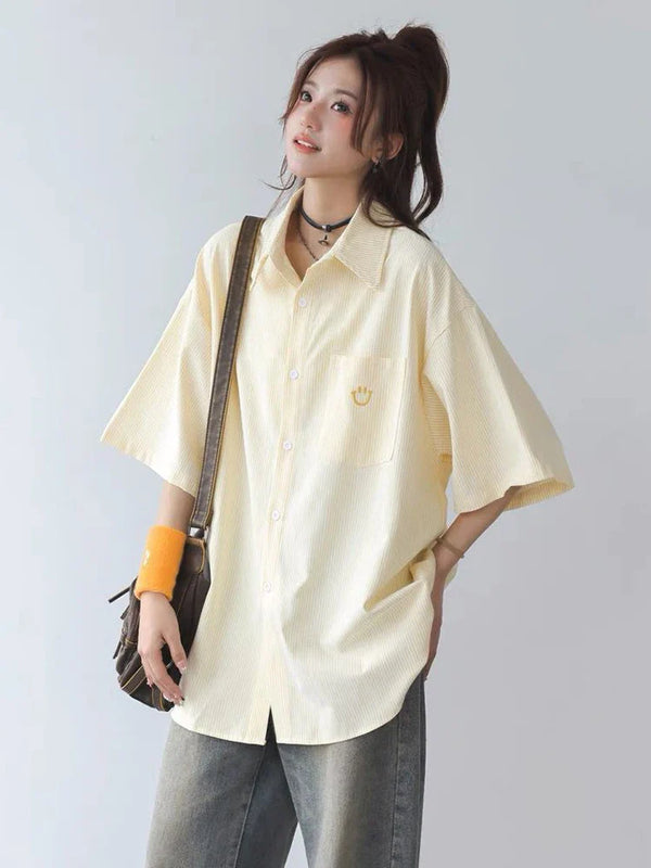Citrus Stripe Cute Street Loose Blouse alternatif görünüm
