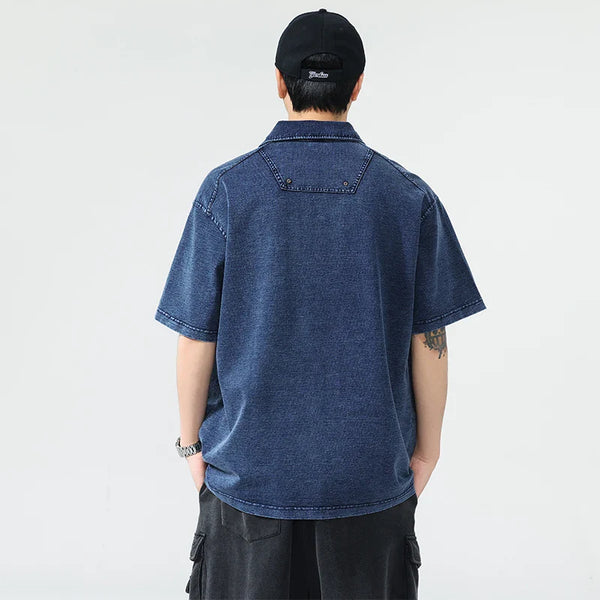 Men Chic Everyday Knitted Denim Collar-Knit T-Shirt alternatif görünüm