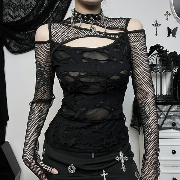 Noir Shadow-Print Frayed Fishnet Mosaic T-Shirt