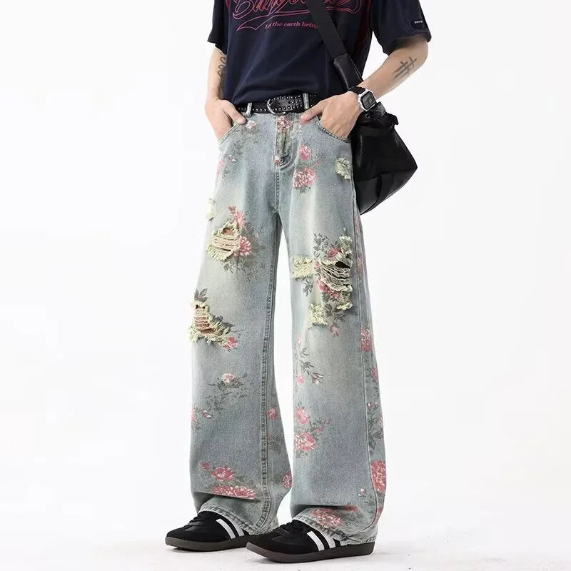 Classic Peony Flower Woven Pattern Torn Denim