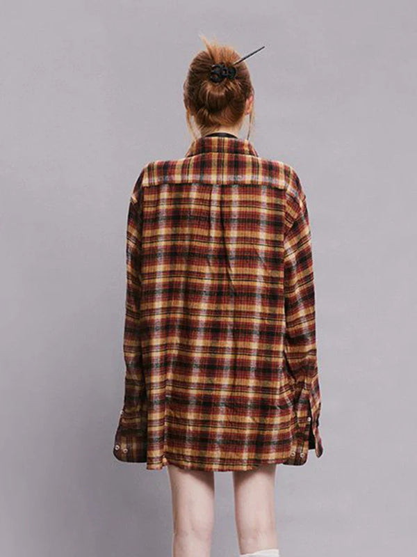 Retro Plaid Cool Oversized Long Blouse alternatif görünüm