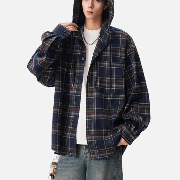 Plaid Drawstring Hood Easy Shirt alternatif görünüm