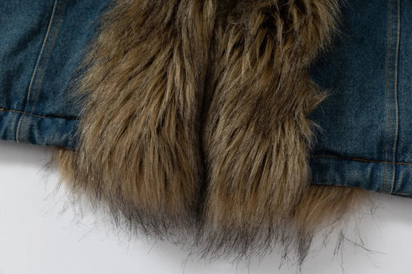 2000s Washed Faded Padded Fur Denim Jacket alternatif görünüm