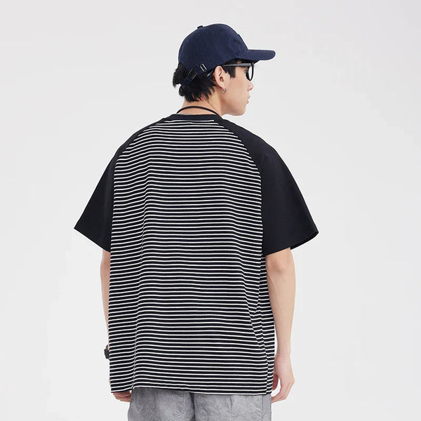 High-Quality Bar-Print Splice Unstructured Laid-Back Warm-Season T-Shirt alternatif görünüm