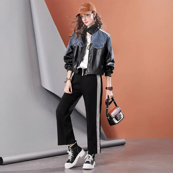 Autumn Relaxed Mosaic Denim & Leather Jacket alternatif görünüm