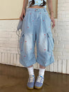 Sleek Striped Heart Stitchwork Utility Denim Shorts