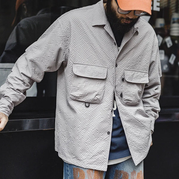 Seersucker No-Iron Cuban Collar Mens Shirt alternatif görünüm