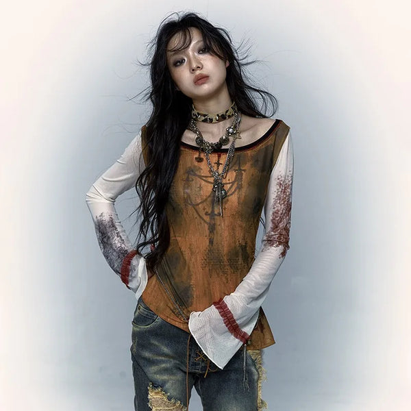 Aged Rising-Sun Millennium Mesh Aesthetics T-Shirt