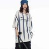 Women Nostalgia Line-Pattern Lapel with Stamped Collar-Knit T-Shirt