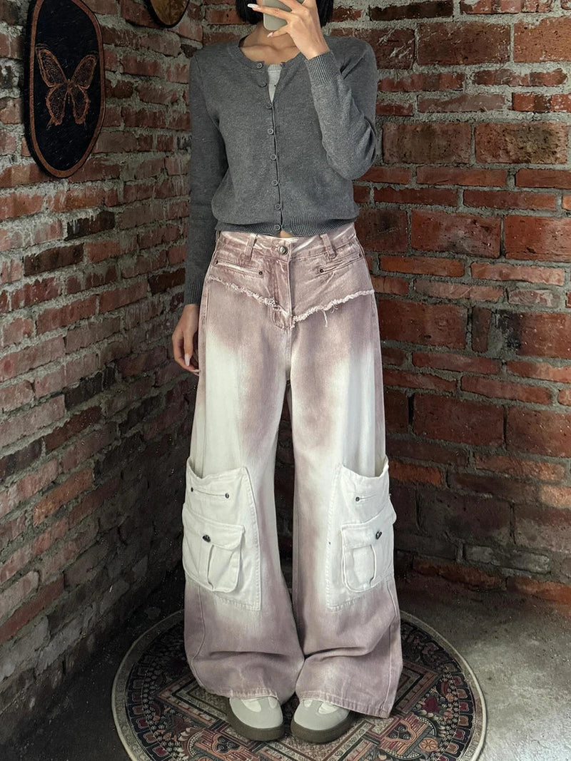 Durable High-Rise Raw Edge Bell Leg Utility Denim