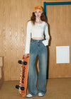 Durable 2000s Beaded High-Rise Bell Denim