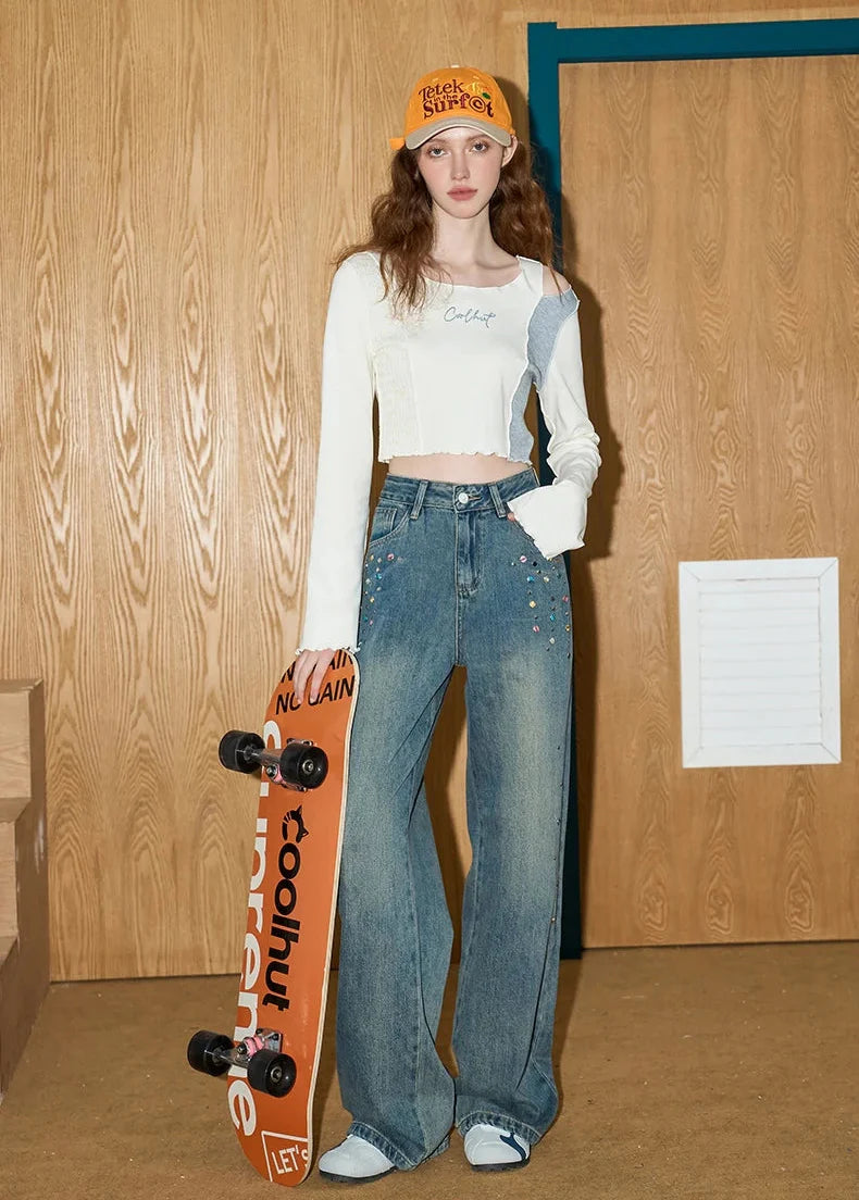 Durable 2000s Beaded High-Rise Bell Denim